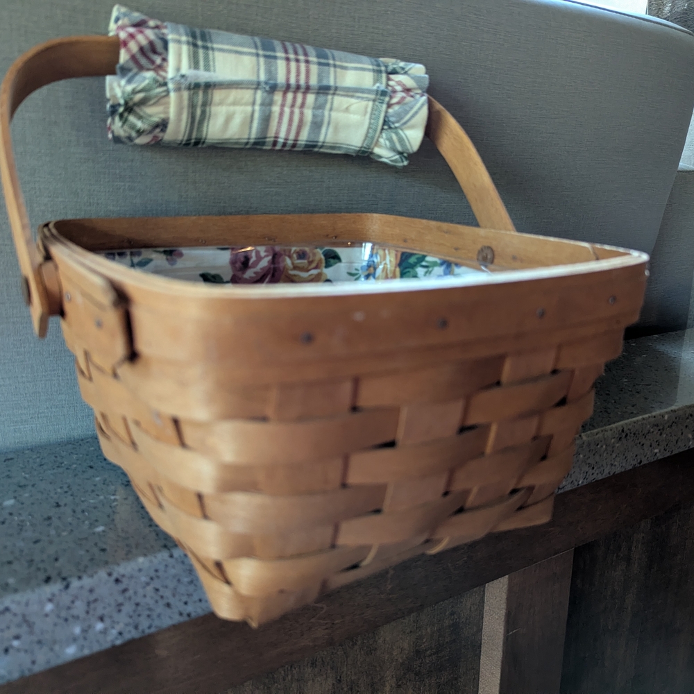 Longaberger Tan Woven Basket with Plaid Handle